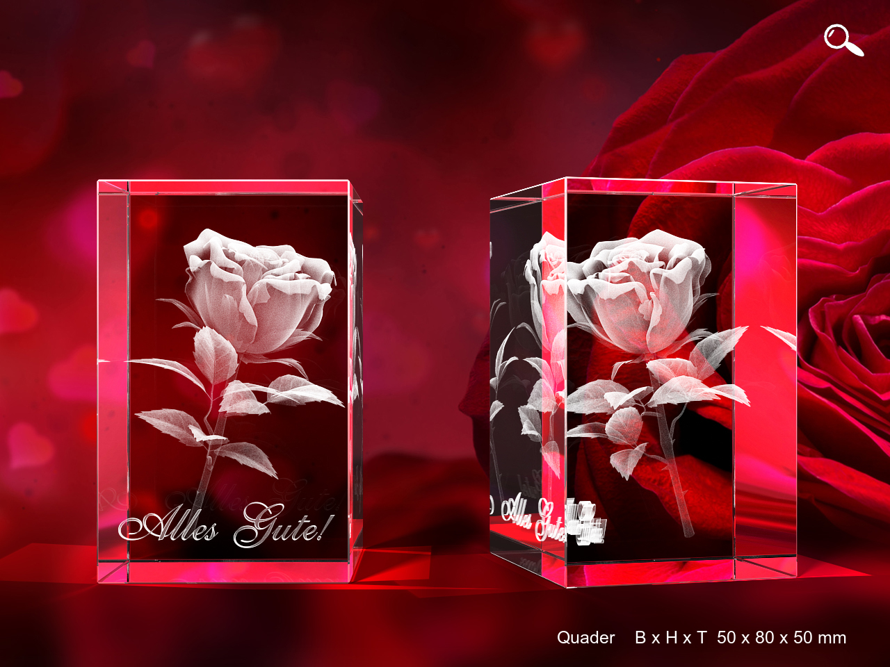 Geschenk 3D Glas Kristall Quader Geige & 12 Rosen 
